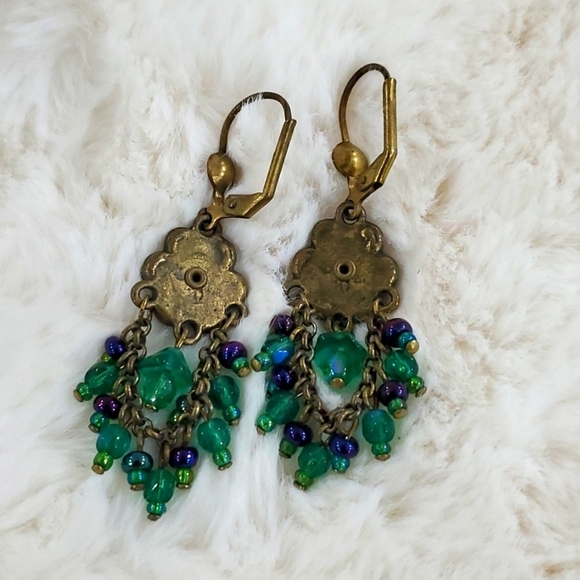BLUE GREEN DANGLE HANGING DROP EARRINGS BOHO COWGIRL GYPSY FESTIVAL - Picture 2 of 4